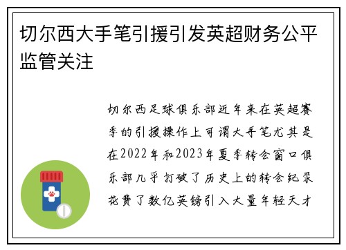 切尔西大手笔引援引发英超财务公平监管关注